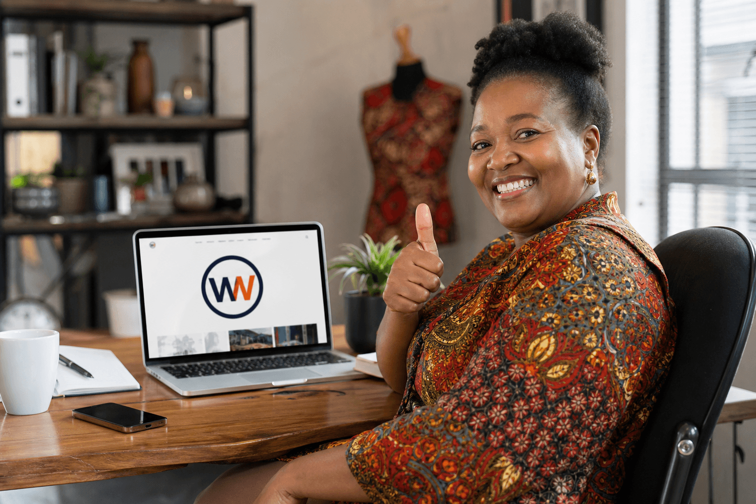 Local business owner giving a thumbs up with their new website on screen